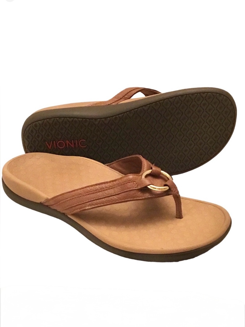 Vionic Tide Aloe Sandals Women’s 10 Brown Leather Strap Thong Toe-Post Flip Flop